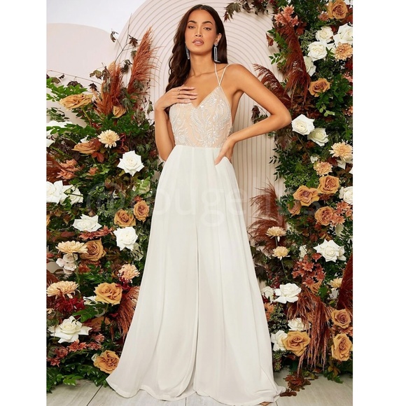 Sequin Detail Jumpsuit Cream + White Flare Wide Leg V-Neck Backless - Picture 2 of 9